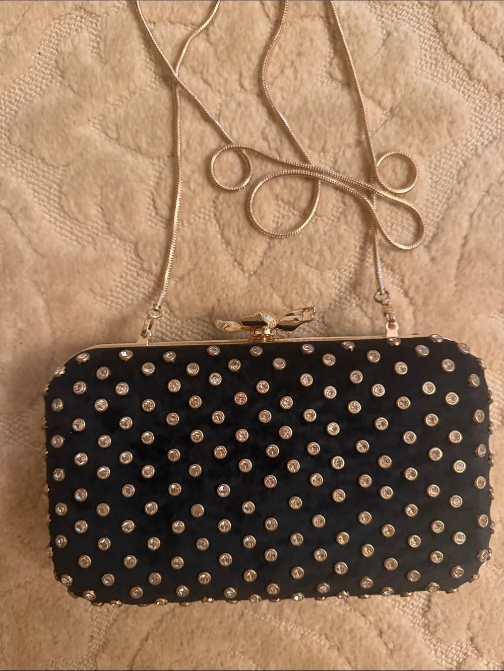 Black Velvet minaudière with crystals Evening Clutch flower top, NWOT gorgeous!